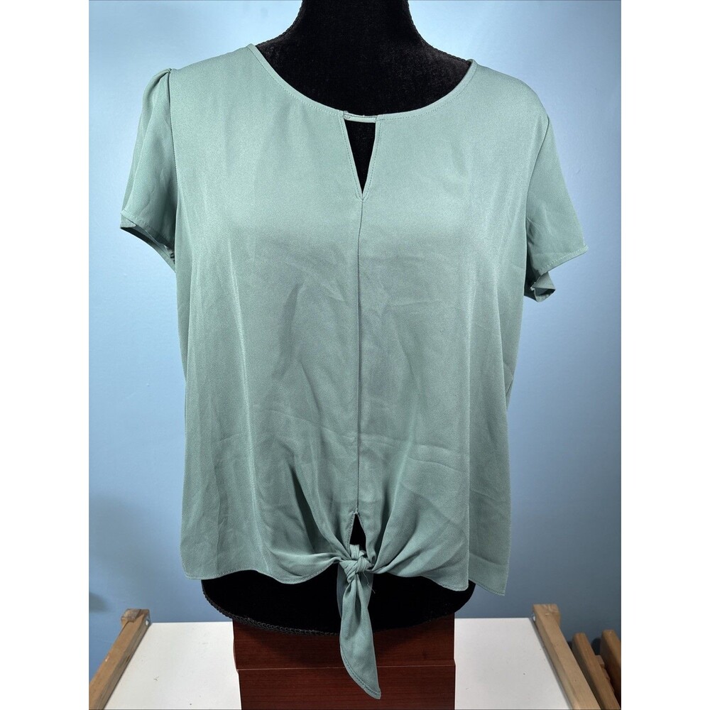 Pink Rose Women's Green Tie Front Blouse (Size L) V Neck, Cap Sleeves